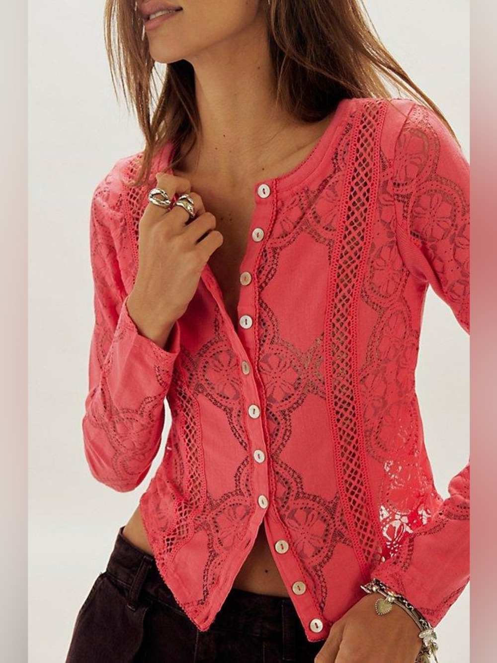 Free People Jae Sheer Lace Knit Long Sleeve Top